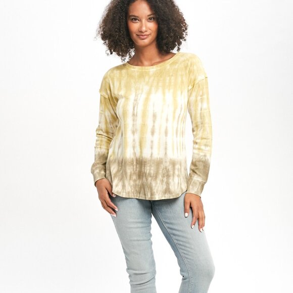 MYSTREE Yellow Beige Tie-Dye Long Sleeve Top, Casual Waffle Knit Pullover - Picture 3 of 7